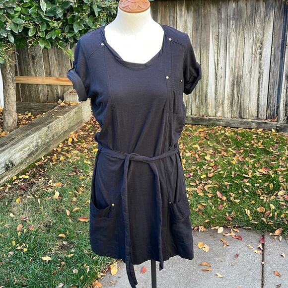 Calvin Klein Black Tunic Short Sleeve Belted Dress Oversized Women's size Small - Picture 1 of 10